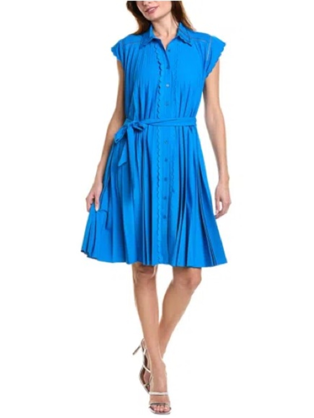 ELIE TAHARI Pleated Scallop Midi Shirtdress In Blue Ivy Size Small